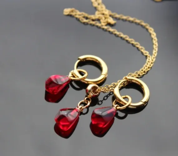 Pomegranate seed hoop earrings and necklace