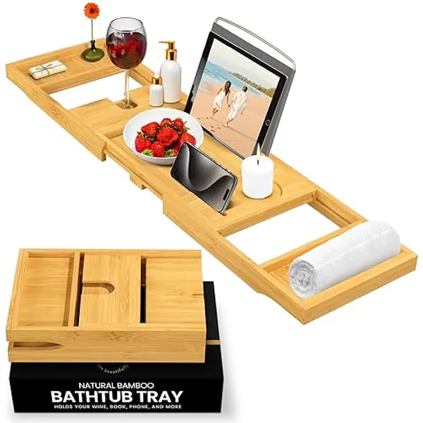 Bathtub Tray - Luxurious Bath Tub Tray Wood with Expandable Sides, Bamboo Bath Tray Caddy for Books, Tablets & Wine Glasses - Luxury Gifts for Women Christmas, Bathroom Accessories & Gifts - Bamboo