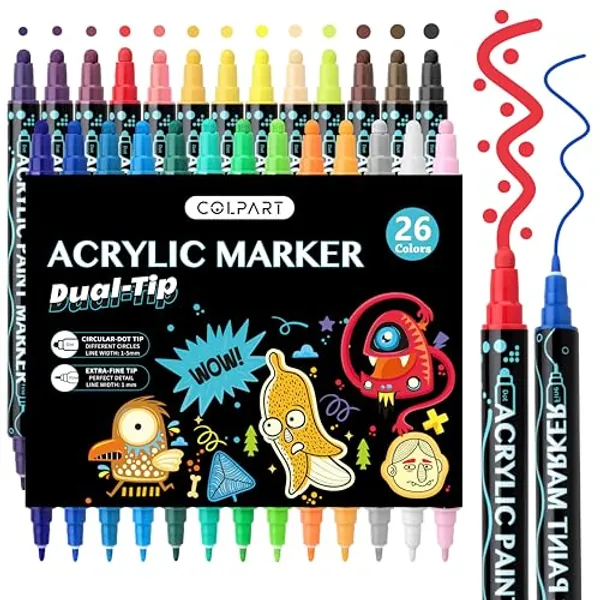 colpart Acrylstifte für Steine Wasserfest Dual Tip Acrylic marker Acryl Stifte 26 Farben Lackstift kinder Bemalen Holz Leinwand Kunststoff Metall Multimarker Bastelarbeiten