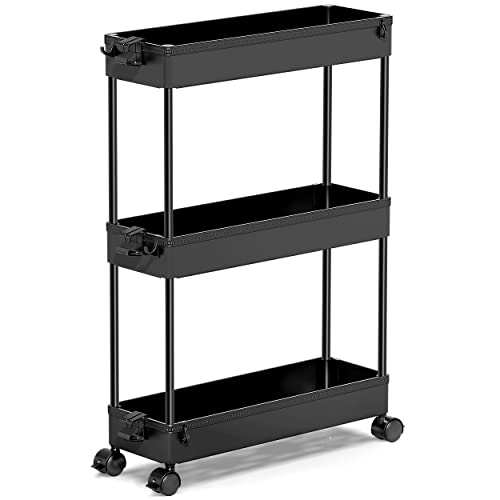 SPACEKEEPER Slim Rolling Storage Cart, Laundry Room Organization, 3 Tier Mobile Shelving Unit Bathroom Organizer Storage Rolling Utility Cart for Kitchen Bathroom Laundry Narrow Places(Black) - Black