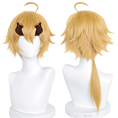 SL Blonde Ponytail Wig for Thoma Cosplay Male Anime Short Spiky Fluffy Wig for Boys Girls Halloween Party + Cap