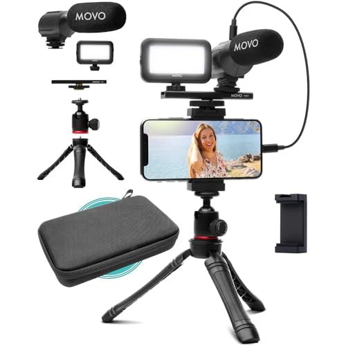 Movo iVlogger Vlogging Kit for iPhone - Lightning Compatible YouTube Starter Kit for Content Creators - Accessories: Phone Tripod, Phone Mount, LED Light and Shotgun Microphone - Lightning