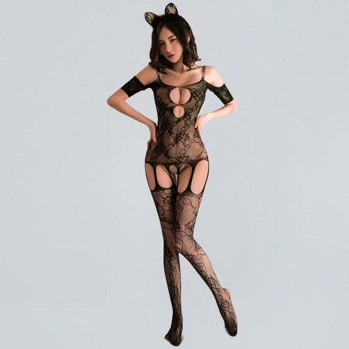 Floral Lace Crotchless Bodystocking for Women. - Black / S