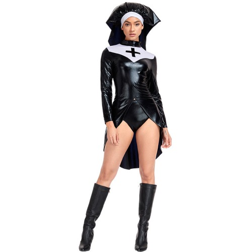 Black Gothic Nun Costume-Latex - Black / S