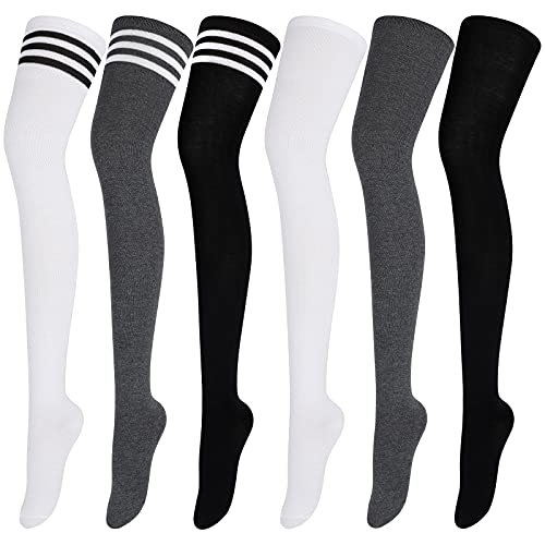 Aneco 6 Pairs Extra Long Socks Long Boot Stockings Thigh High Socks for Women - One Size - Black, White, Dark Gray Stripe Colors, Pure Colors