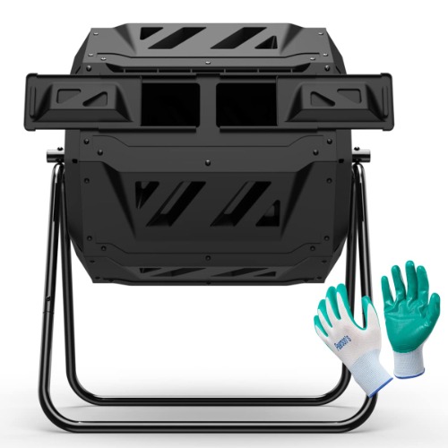 Compost Tumbler Bin Composter Dual Chamber 43 Gallon (Bundled with Pearson's Gardening Gloves) - Black