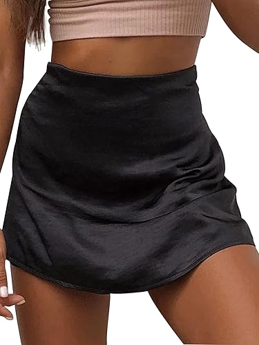 LYANER Women's Casual Floral Print Satin Silk High Waist Zipper Mini Short Skirt - Small - Solid Black