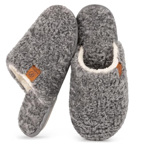 EverFoams Women's Fuzzy Slip-on Slippers Warm Cozy Soft Lightweight Memory Foam Indoor House Shoes - 9-10 - Oxford Gray