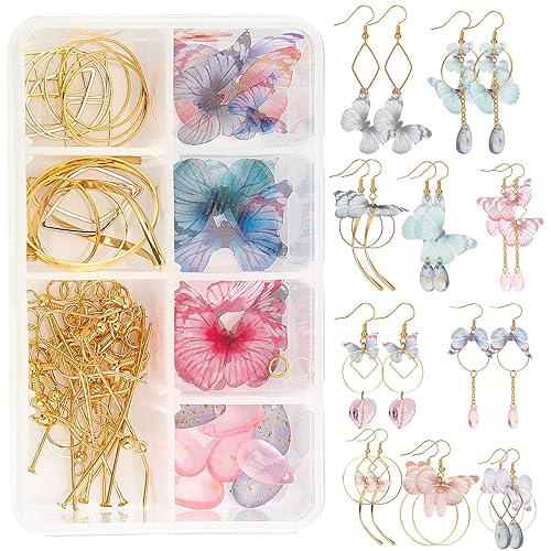 SUNNYCLUE DIY 10 Pairs Fabric Butterfly Dangle Earring Making Kit - Organza Wings, Crystal Beads, Lightweight Charms for Jewelry Making, Crafts, Wedding, Christmas Gifts - Colorful Butterflies