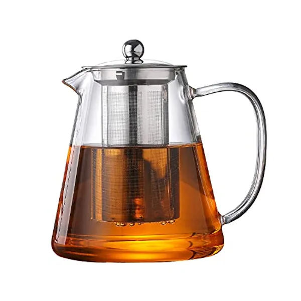 Glass Teapot with Stainless Steel Infuser,for Blooming Tea, Loose Tea, (43oz,1.3L) Holds 4-6 Cups, JOYEUX Glass Tea Pot Set, Stovetop & Dishwasher Safe