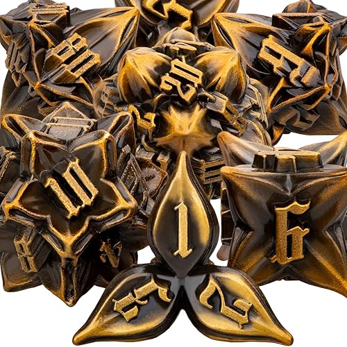 ARUOHHA Metal D&D Dice Set DND Ancient Gold D&D Dice Set with Gift Box, D + D 7PCS Leaf Design Polyhedral Dice Dungeons and Dragons RPG Role Playing Games D and D Dice D20 D12 D10 D8 D6 D4 - Leaves- Ancient Gold