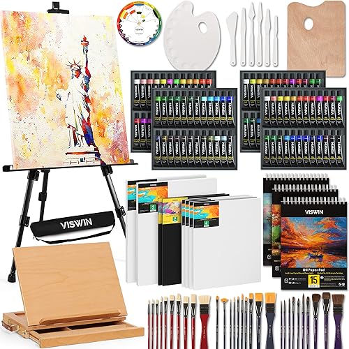 VISWIN All-in-One Art Painting Set with Aluminum & Beech Wood Easel, 96 Acrylic, Watercolor & Oil Paint Set, Canvases, Painting Kit with Complete Art Supplies for Adult, Student, Beginner, Artist - With Two Easels
