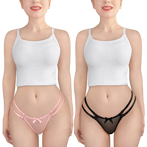 Littleforbig Women's Mesh Underwear Delilah Two Strap Style 2 Pack Bow-Back luxury lingerie Thong - X-Large - Multicolor