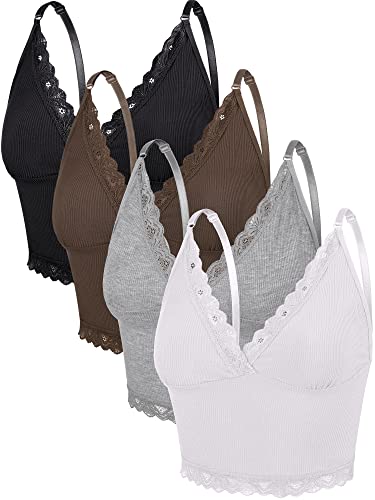 4 Pcs Women's Sleeveless Cami Crop Top Camisole Lace Trim V Neck Spaghetti Strap Tank Tops for Women Girl Ribbed Rave Clothes - X-Large - Black, White, Light Gray and Coffee