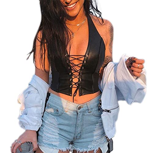 Sexy Corset Tops for Women Adjustable Spaghetti Straps PU Leather Bustier Crop Top Rave Outfit Party Club Night Black - XX-Large - Black