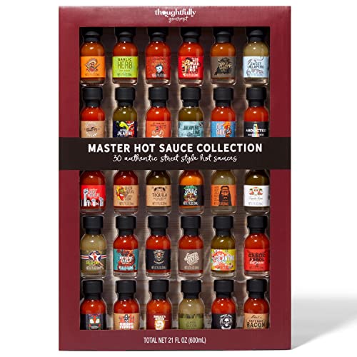 Thoughtfully Gifts, Master Hot Sauce Collection Gift Set, Flavors Include Garlic Herb, Cayenne Bacon, Apple Whiskey, Mango Habanero and More, Pack of 30