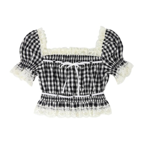 Zomer Japanse Lolita Kawaii Blouse Vrouwen Kant Roze Frankrijk Zoete Leuke Blouse Vrouwelijke Bladerdeeg Mouw Koreaanse Stijl Crop Tops 2022 Nieuwe - S - Zwart