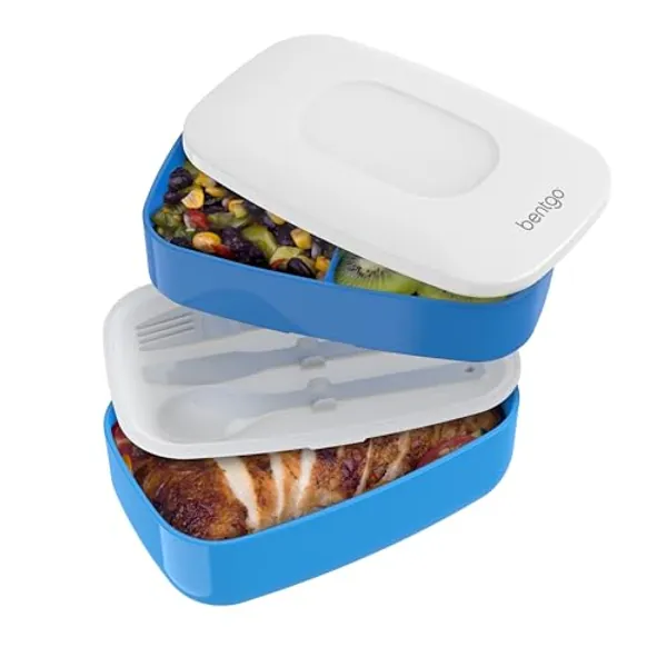 Bentgo® Classic - Adult Bento Box, All-in-One Stackable Lunch Box Container with 3 Compartments, Plastic Utensils, and Nylon Sealing Strap, BPA Free Food Container (Blue)