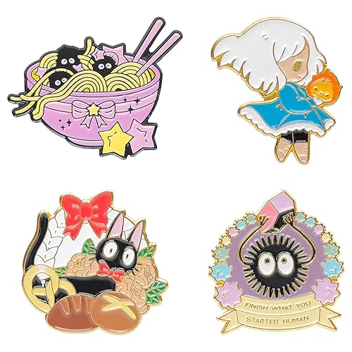 Cute Enamel Pins for Backpacks, Kawaii Anime Soot Sprites Cat Frog Cartoon Pins for Kids, Lapel Pin Set Badges for DIY Clothing Bags Jackets Jewelry Accessory Decoration Gift - 4 Pieces Cat & Girls