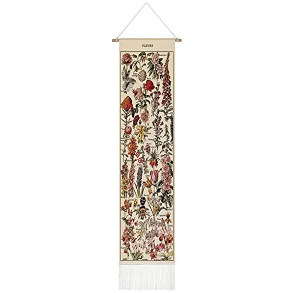 Tegeme Vintage Tapestry 52 x 13 Inch, Long Tapestry Vertical Wall Hanging Reference Illustrative Botanical Tapestry Tassel Tapestry for Bedroom Living Room Home Decoration (Vintage, Flower)