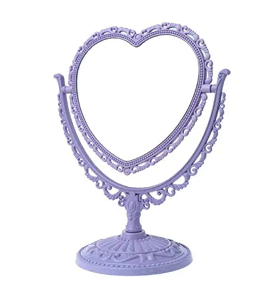 AKOAK 1 Pack Simple and Lovely Heart-Shaped Cosmetic Mirror Plastic Double-Sided Rotatable Dresser Mirror Lightweight Mirror Bathroom Bedroom Mirror （Four-Color）(Purple)