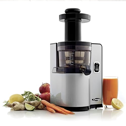 Omega VSJ843QS Vertical Slow Masticating Juicer Makes Continuous Fresh Fruit and Vegetable Juice at 43 Revolutions per Minute Features Compact Design Automatic Pulp Ejection, 150-Watt, Silver - Silver - Juicer