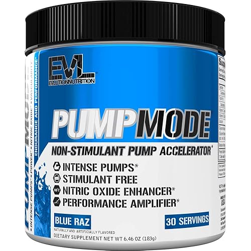 EVL PumpMode Nitric Oxide Supplement - Nitric Oxide Booster Pump Pre Workout Powder with Glycerol and Betaine for Muscle Recovery Growth and Endurance - Stim Free Pre Workout Drink (Unflavored) - Blue Raz