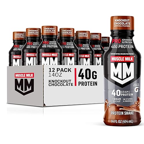 Muscle Milk Pro Advanced Nutrition Protein Shake, Knockout Chocolate, 14 Fl Oz Bottle, 12 Pack, 40g Protein, 1g Sugar, 16 Vitamins & Minerals, 6g Fiber, Workout Recovery, Packaging May Vary - Protein Drink - Chocolate - 14 Fl Oz (Pack of 12)