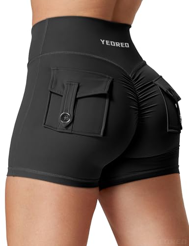 YEOREO Scrunch Workout Shorts with Pockets Charm Gym Biker Shorts for Women High Waisted Yoga Booty Shorts - Black