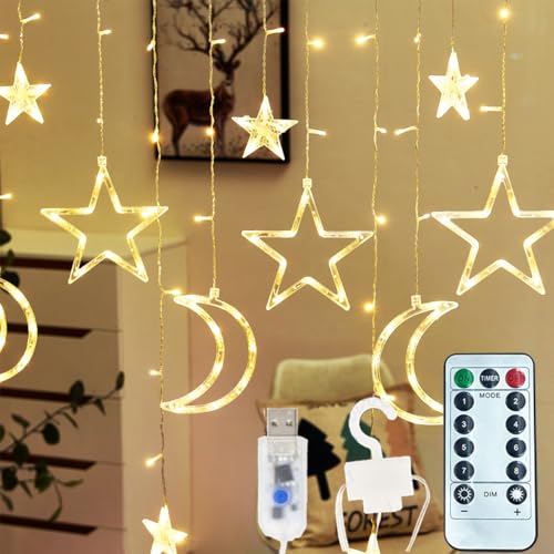 ALFEUND 7.5ft Decorative Starry String Curtain Lights Moons and Stars LED Night Light for Home Decoration Party,Remote Control USB Powered - Warm White