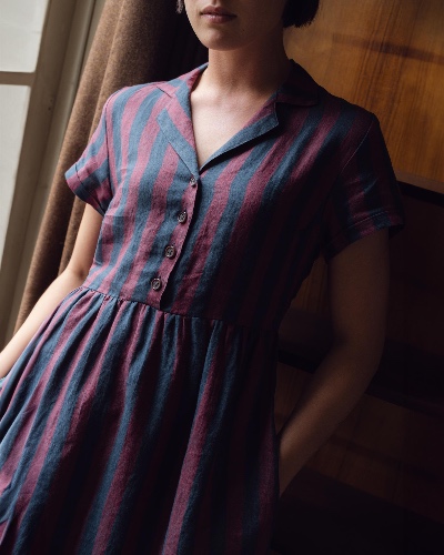 No.30 Collared Linen Dress in Cambridge Stripe | M