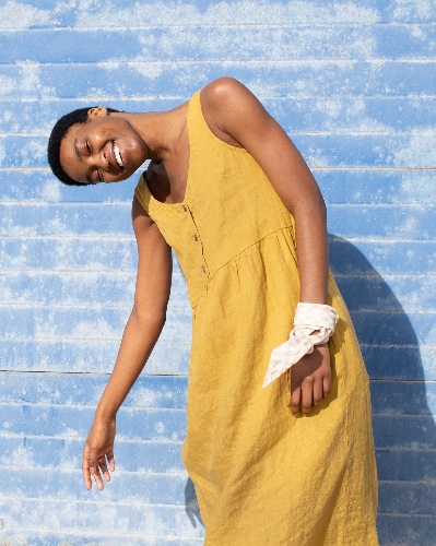 VALLEY front brass snaps linen dress | Forest Green