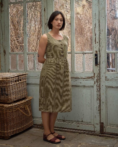 No.24 Sleeveless, button up Linen Dress in Olive Stripe | M