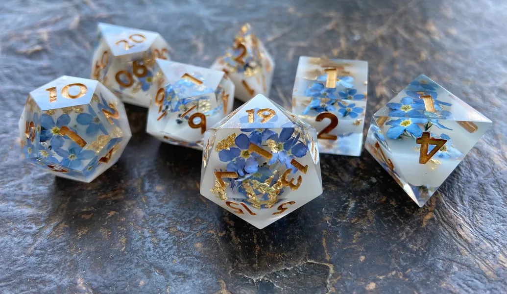 Flowers in milk with gold fakes - Flower dnd dice set Floral polyhedral dice set Dungeons and dragons Handmade Forget me not dice FlowerFox