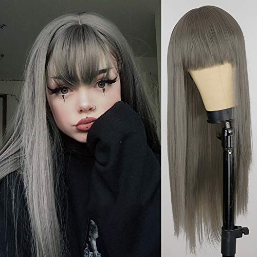 Kaneles Grey Long Wig With Bangs Straight Gray Wig Synthetic Natural Heat Resistant Fiber Hair Daily Cosplay Wig for Women Hair Wig - Grey