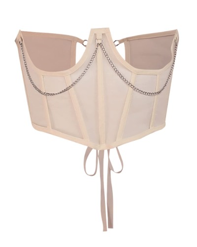 Dark Punk Crop Top with Chains Women Punk Off Shoulder Hollow Out Solid Backless Tops - Small Chain Corset Khaki