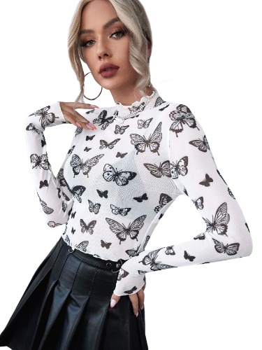 SweatyRocks Women's Long Sleeeve Mesh Shirt Sheer See Through Top Blouse - X-Small Butterfly White