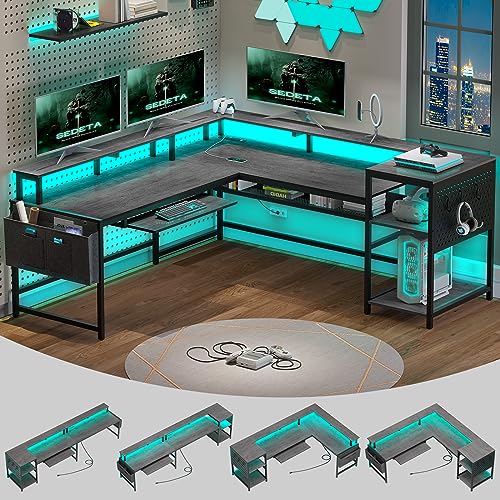 SEDETA L Shaped Gaming Desk, Convertible 96" Home Office Desk or Corner Desk, L Shaped Desk with Power Outlets & LED Strip, Monitor Stand, Keyboard Tray, Pegboard and Storage Shelves, Grey - Grey