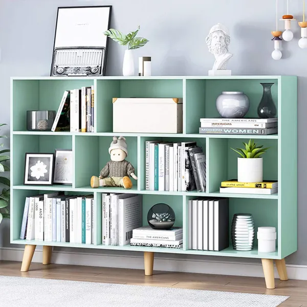 IOTXY Wooden Open Shelf Bookcase - 3-Tier Floor Standing Display Cabinet Rack with Legs, 10 Cubes Kids Bookshelf, Tiffany-Green - 140CM Tiffany Green