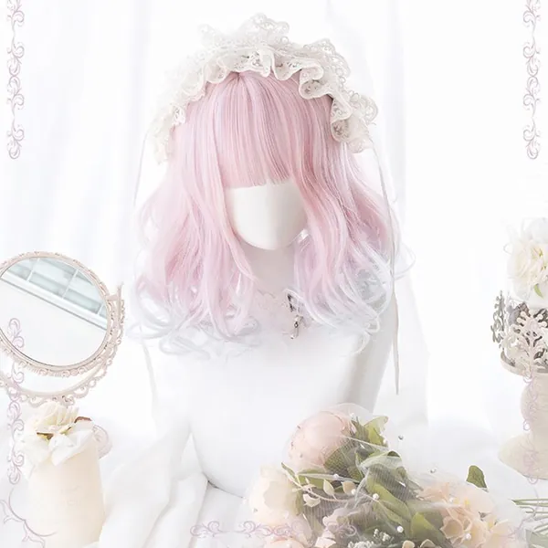 Japanese Gradient Color Coral Pink Short Curly Wig