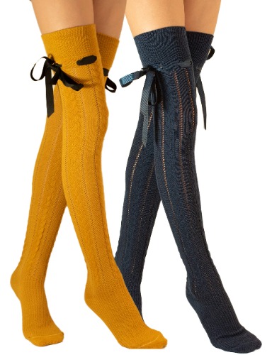 Molton Marley 2 Pack Long Over The Knee Thigh High Long Socks, Ribbon, Cotton Knit, Girls' and Women's, Made in Europe - Mustard, Navy