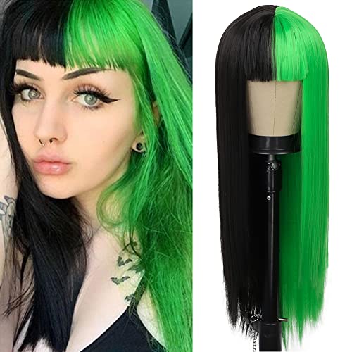 Kaneles Half Black Half Green Wig Long Straight Hair with Bangs Cosplay Natural Wig for Women Cosplay Party Use - Half Black Half Green