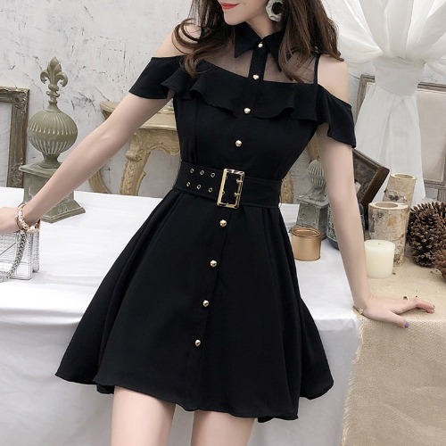 'Kiss of Death' Black Grunge Mesh Collared Belt Dress - black / S