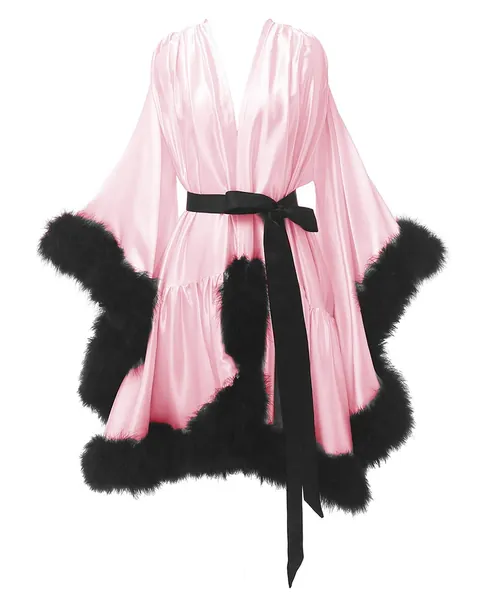 Yexinbridal Feather Fur Robe Silk Satin Bridal Dressing Gown Sexy Illusion Lingerie Nightgown Bathrobe Sleepwear - Small-Medium Blush+black