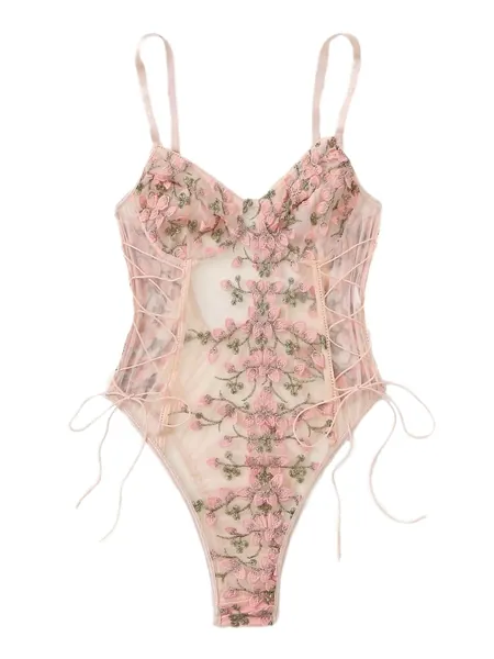 Lilosy Women Sexy Lace Up Floral Embroidered Teddy Lingerie Bodysuit Top Mesh Sheer One Piece - X-Small Pink