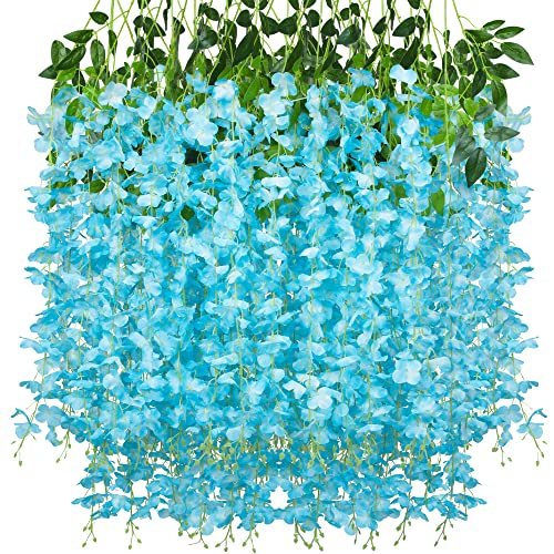 FOEVAFLO 24 Pack Artificial Wisteria Hanging Flowers, Fake Silk Flower String for Wedding, Party, Wall Backdrop Decor (Blue) - Blue - 24pcs