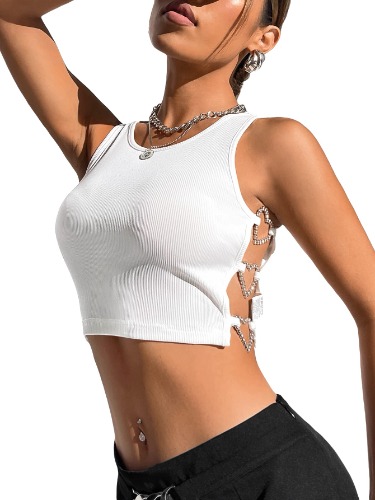 Floerns Women's Casual Solid Sleeveless Scoop Neck Heart Ring Detail Rib Knit Crop Tank Top - X-Small White