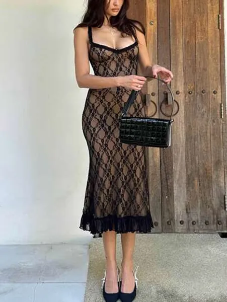 Women Lace Fish Tail Hem Spaghetti Strap Dress With Elegant Charm For Summer