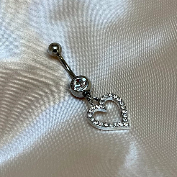 Stainless steel silver diamanté heart zircon belly navel ring bar