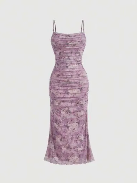 SHEIN MOD Women Summer Floral Printed Fish Tail Dress With Ruffle And Ruched Front